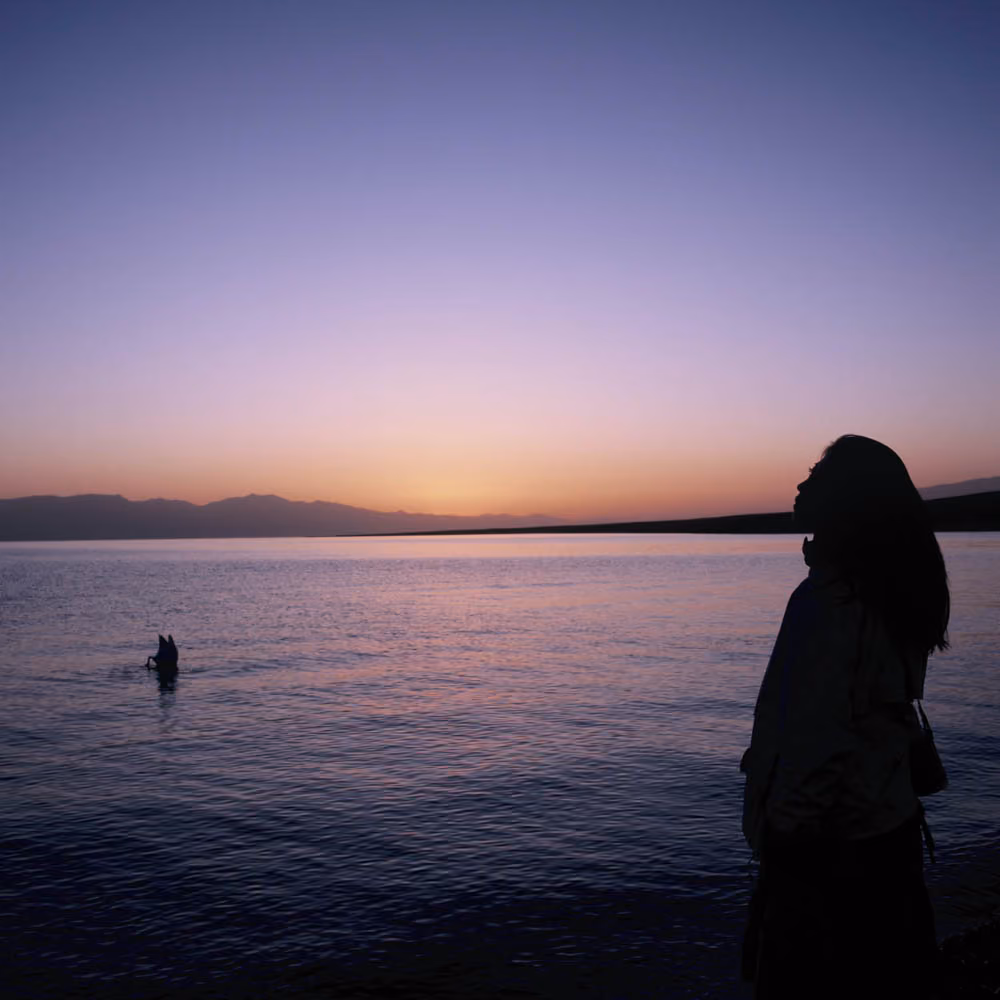 Silhouette of a woman standing by calm water at sunset with distant mountains on the horizon.