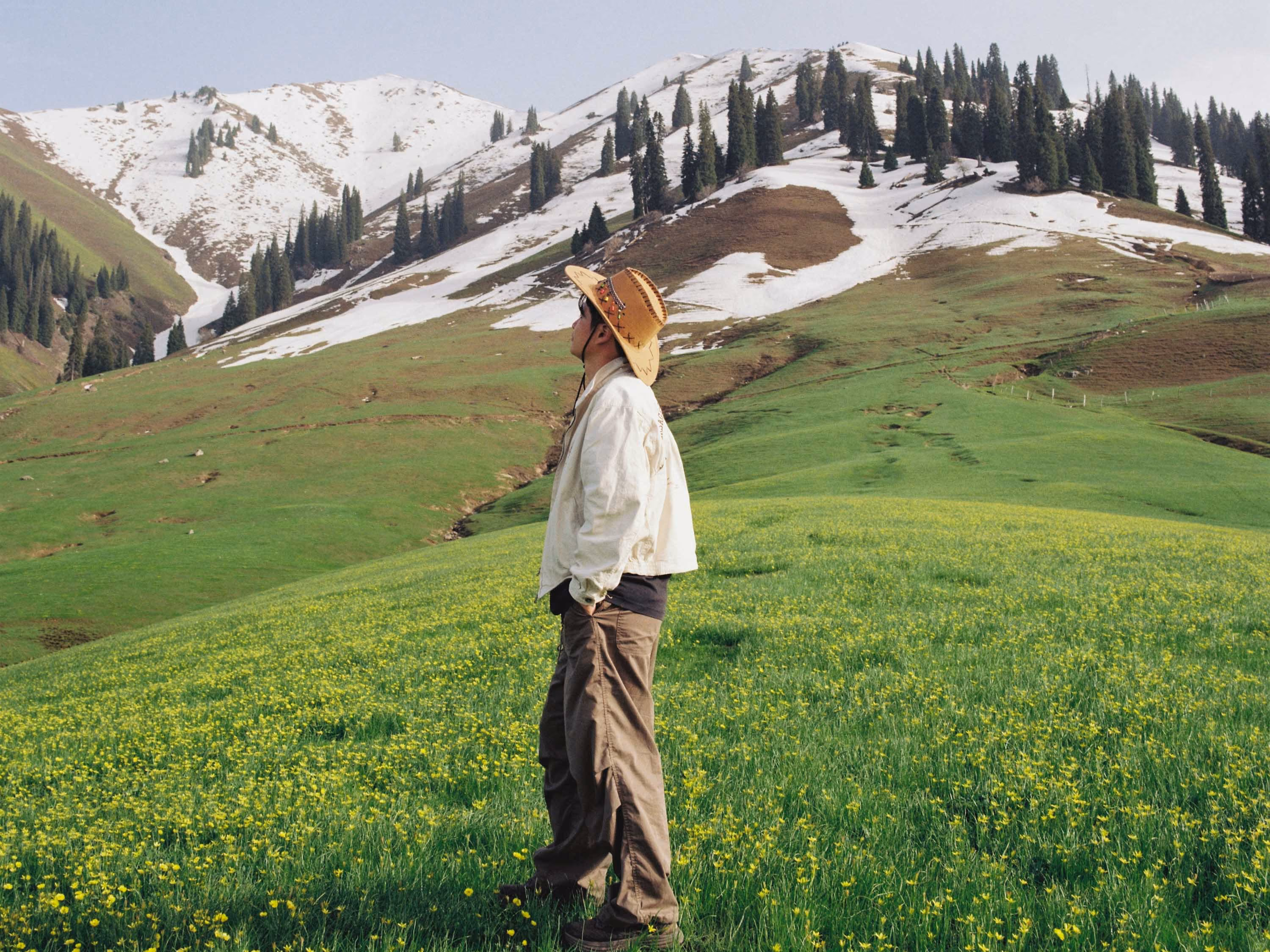 Person in a hat standing on a green meadow with yellow flowers looking at snow-covered mountain slopes.