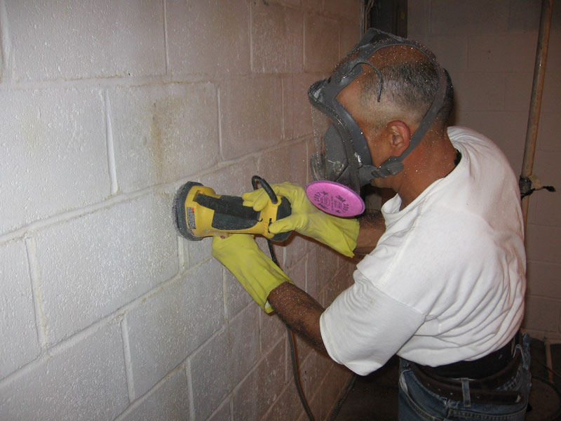 MoldGone technician treating a concrete wall during remediation