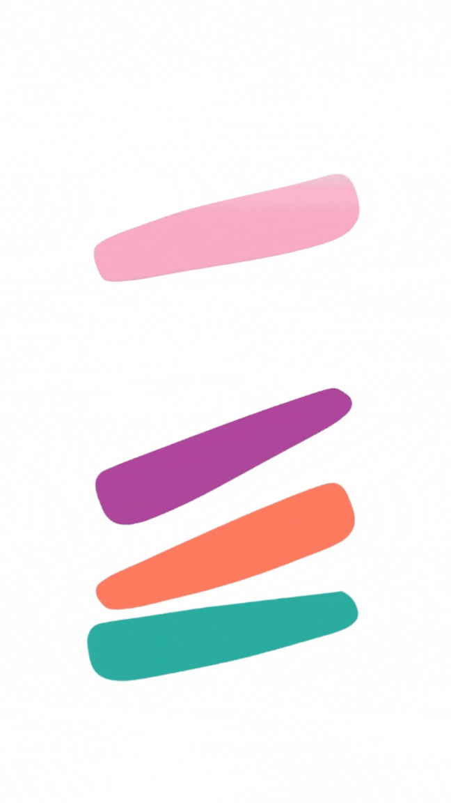 Animated stack of four elongated rounded shapes moving downward in pink, purple, orange, and teal on a white background.