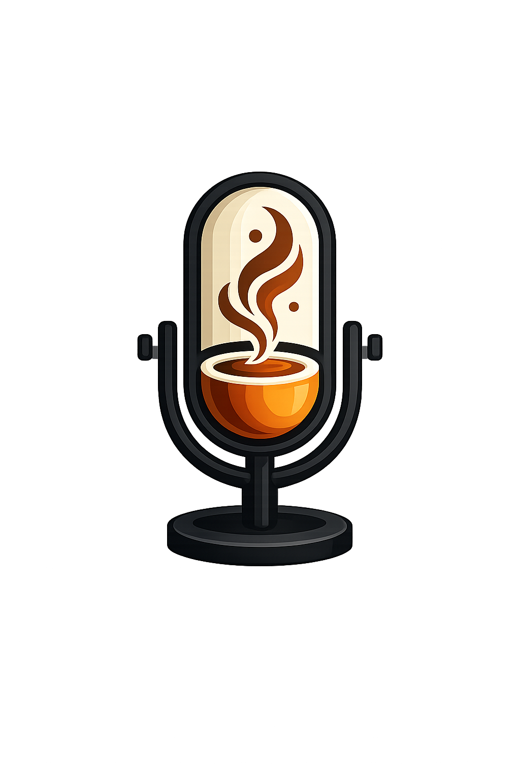 Illustration of a vintage microphone with a steaming cup of coffee inside the microphone capsule.