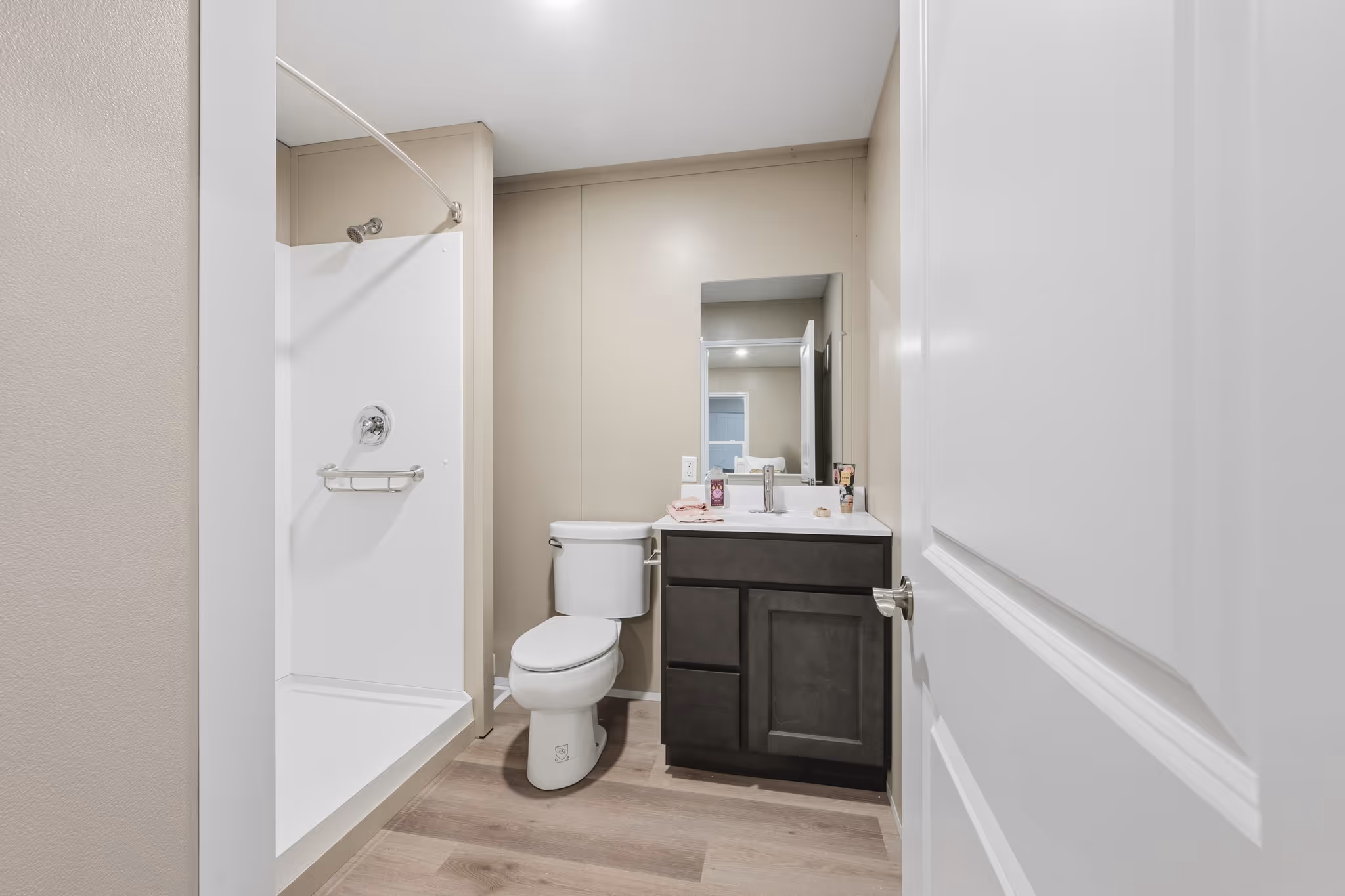 Accessible bathroom with walk-in shower, toliet, and sink.