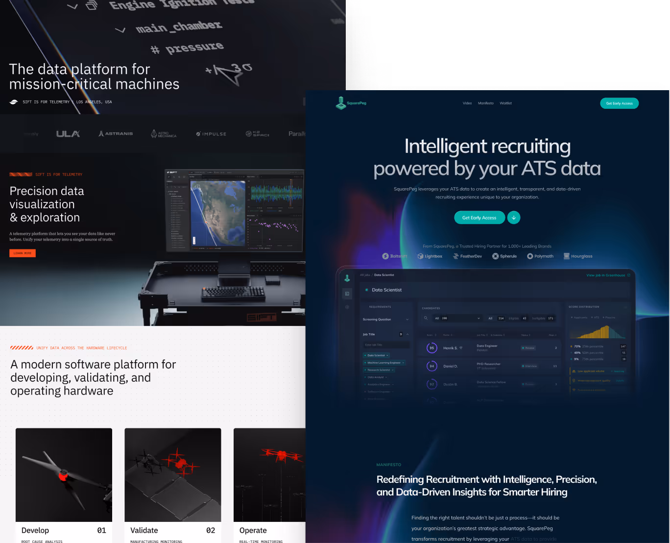 Screenshots of Webflow projects including Sift and SquarePeg