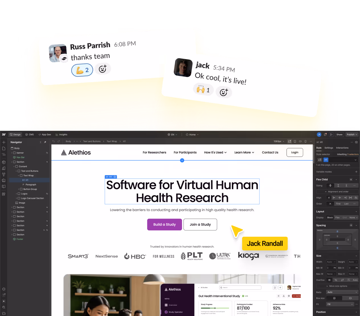 Screenshots of Webflow ongoing support including Sift Team and Alethios