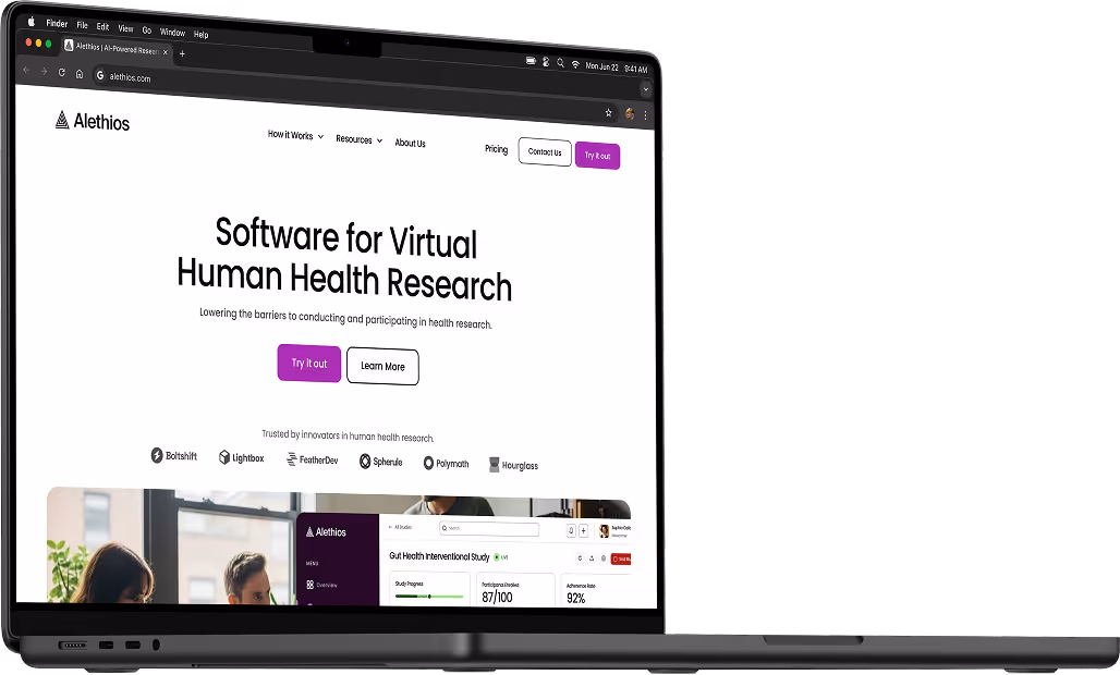 Alethios website displayed on a MacBook