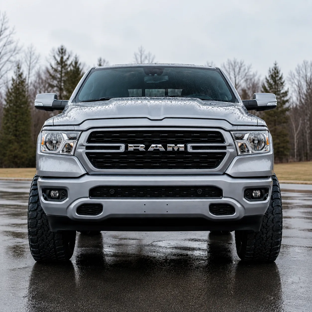 head-on front view of a lifted silver ram 1500 with all-terrain tires on a wet parking lot with rain on the hood and overcast sky
