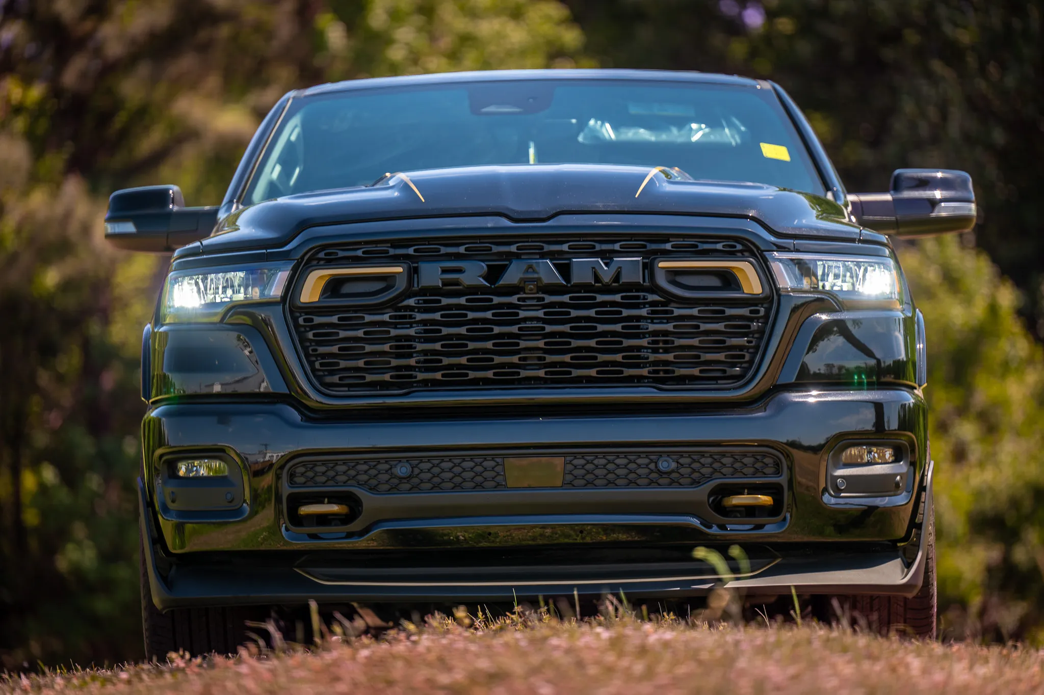 head-on front view of a dark blue ram 1500 with headlights illuminated and tow mirrors, framed by green foliage