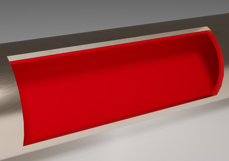 3D rendering of a cross-section of a metallic pipe showing a smooth red inner lining.