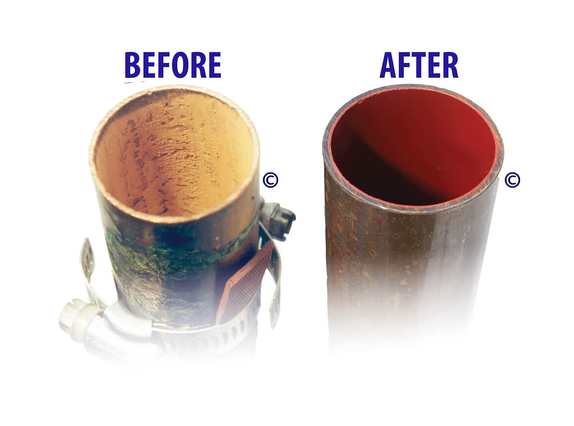 Before and after comparison of a pipe interior showing heavy rust and corrosion before, and a clean, smooth red-coated interior after cleaning.