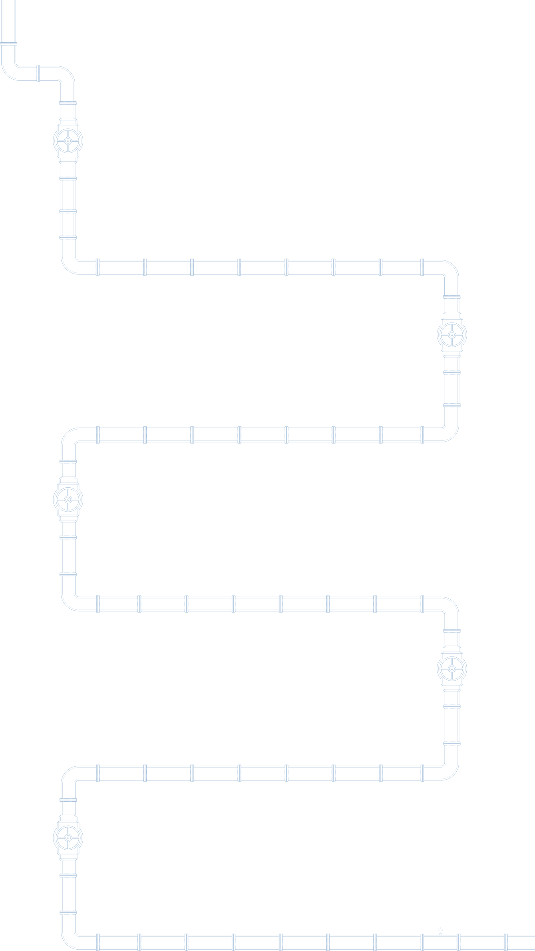 Vertical, zigzagging industrial pipeline with four valve controls on a black background.