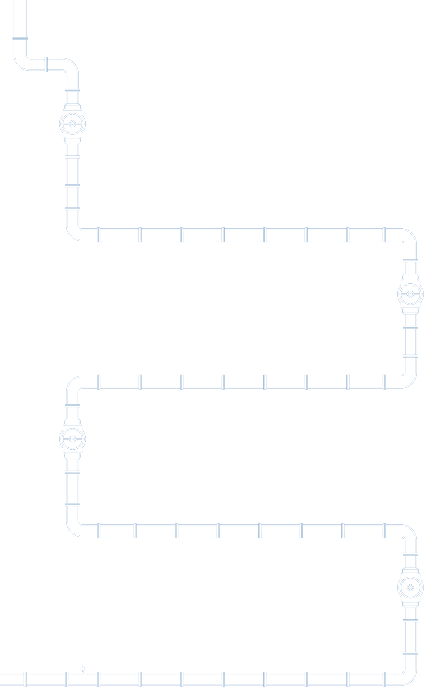 Blue outlined graphic of a vertical water pipeline with three valves and horizontal extension pipes on a black background.
