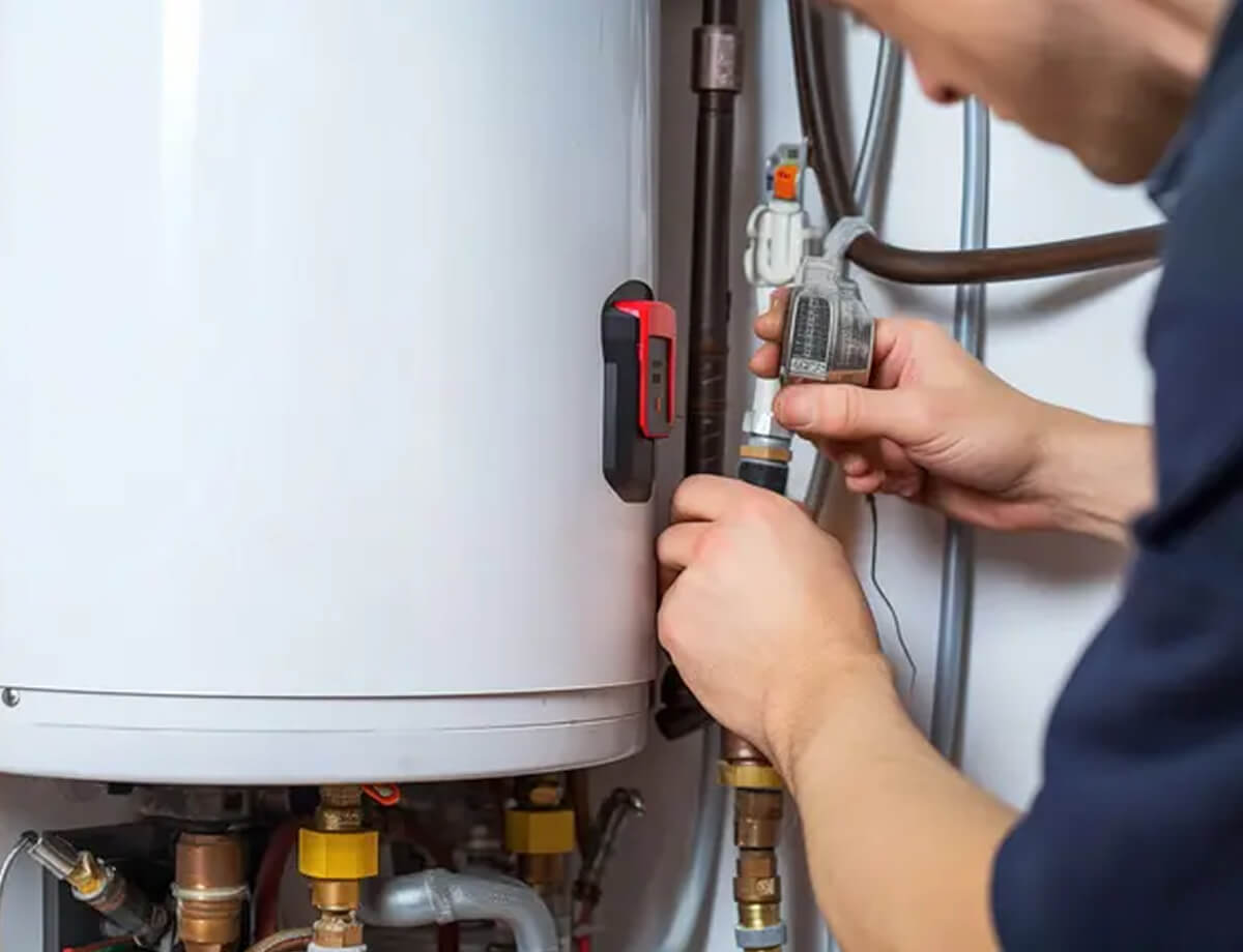 Person adjusting pipes connected to a white water heater with a mounted tool on its side.