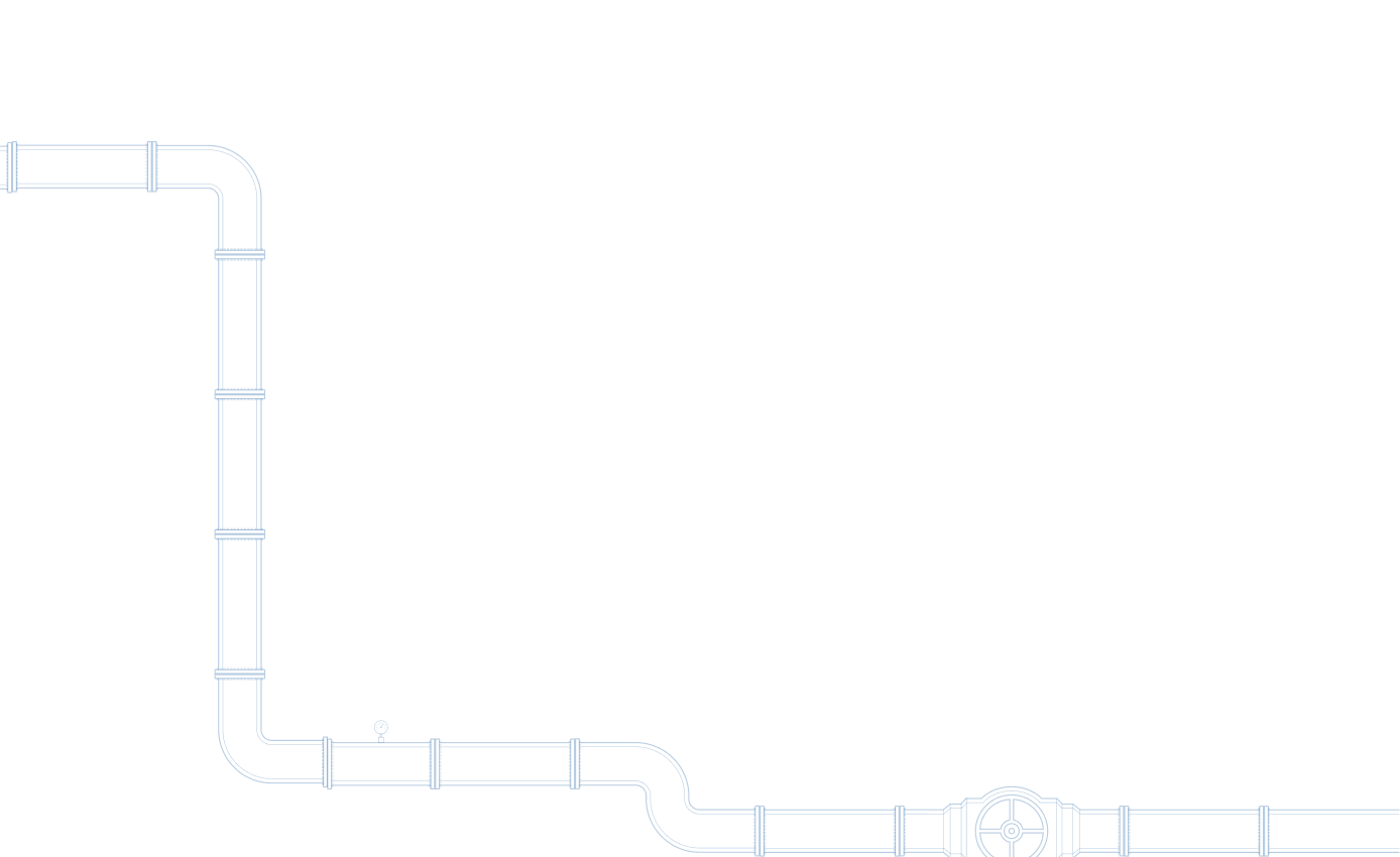 Blueprint-style illustration of interconnected industrial pipes with joints and a valve wheel on a black background.