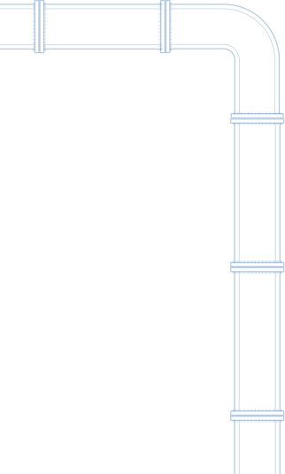 Blue outlined 90-degree elbow pipe fitting with three pipe segments on a black background.
