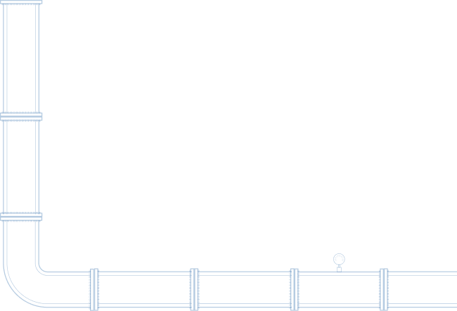Blue outlined plumbing pipe forming an L-shape with a pressure gauge on the horizontal section.
