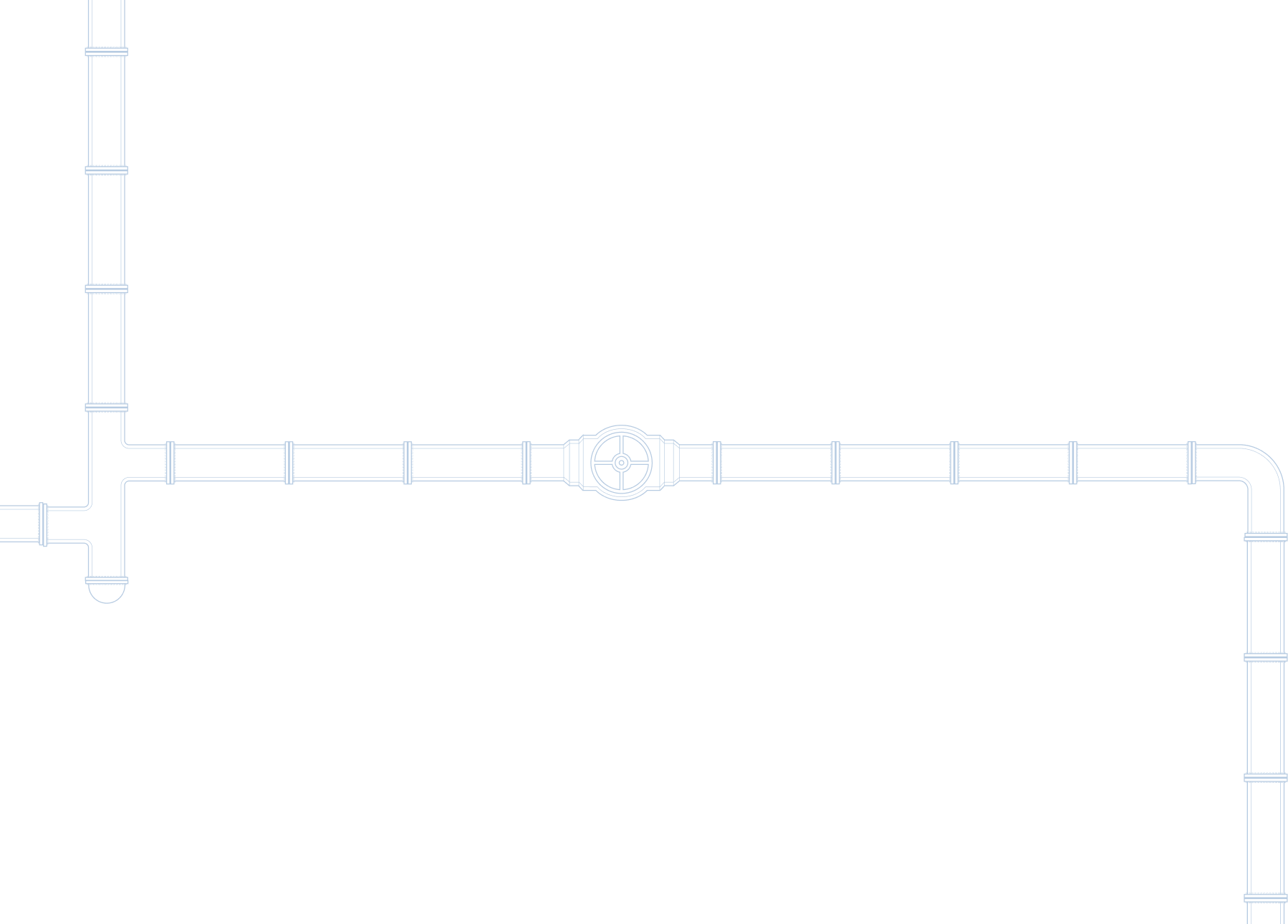 Blue outlined schematic of interconnected water pipes with a valve in the center on a black background.