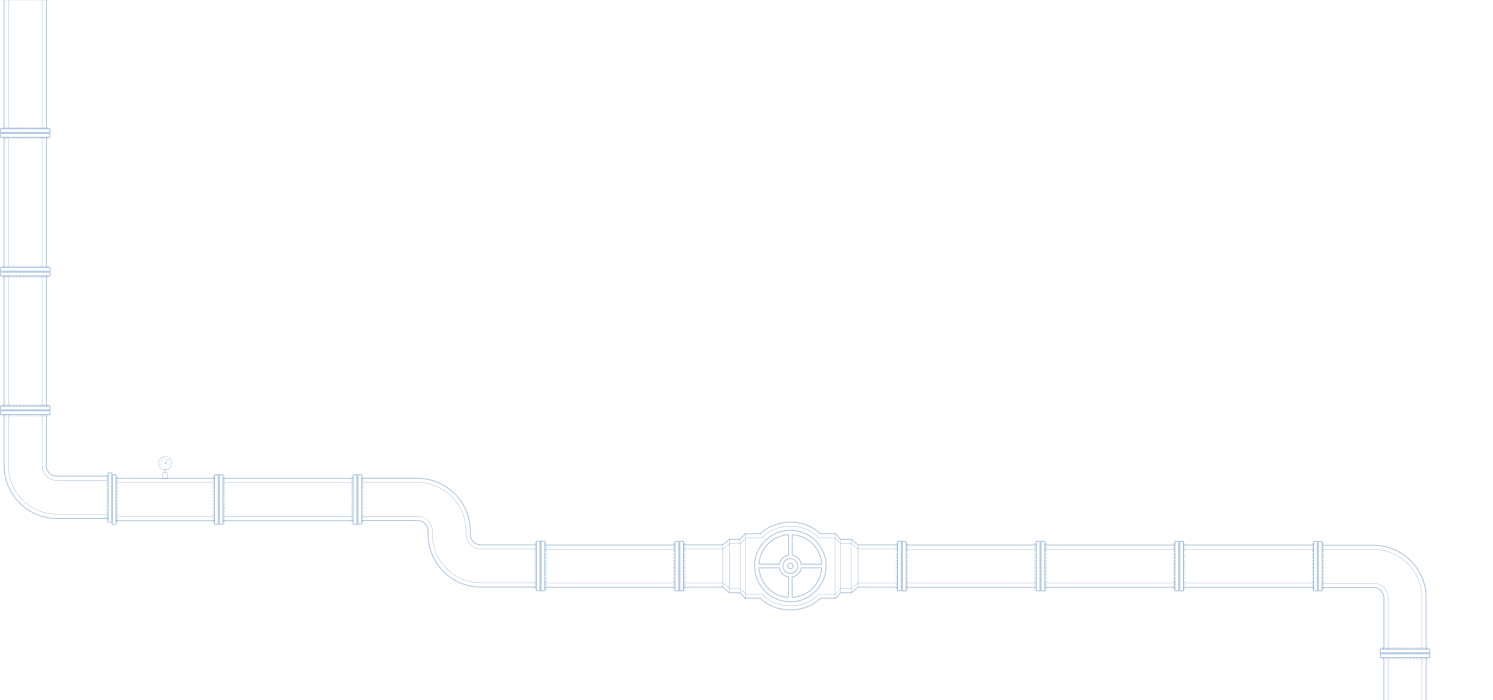 Blueprint-style illustration of a horizontal and vertical pipeline with a valve and a gauge on a black background.