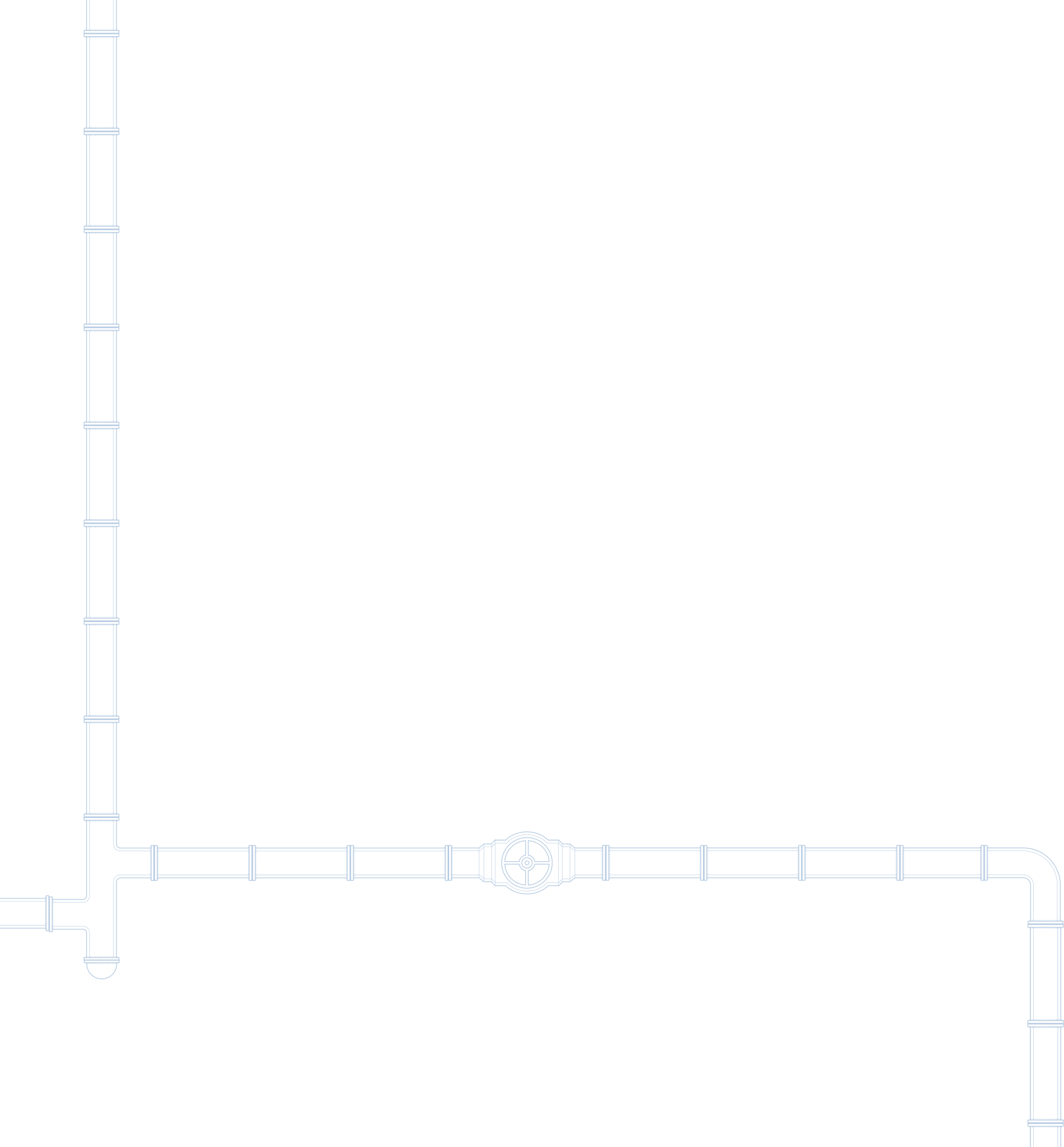 Blueprint-style illustration of interconnected plumbing pipes with a valve in the center.