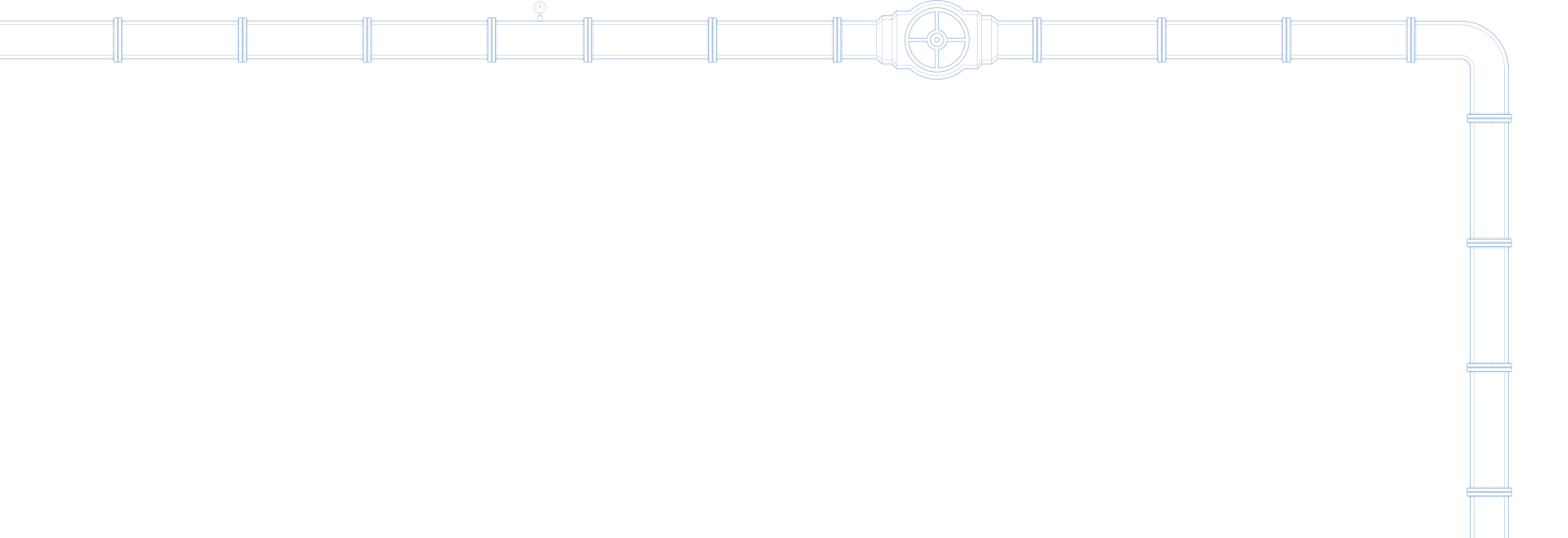Illustration of a blue industrial pipeline with joints, a valve wheel, a pipe support, and a pressure gauge on a black background.