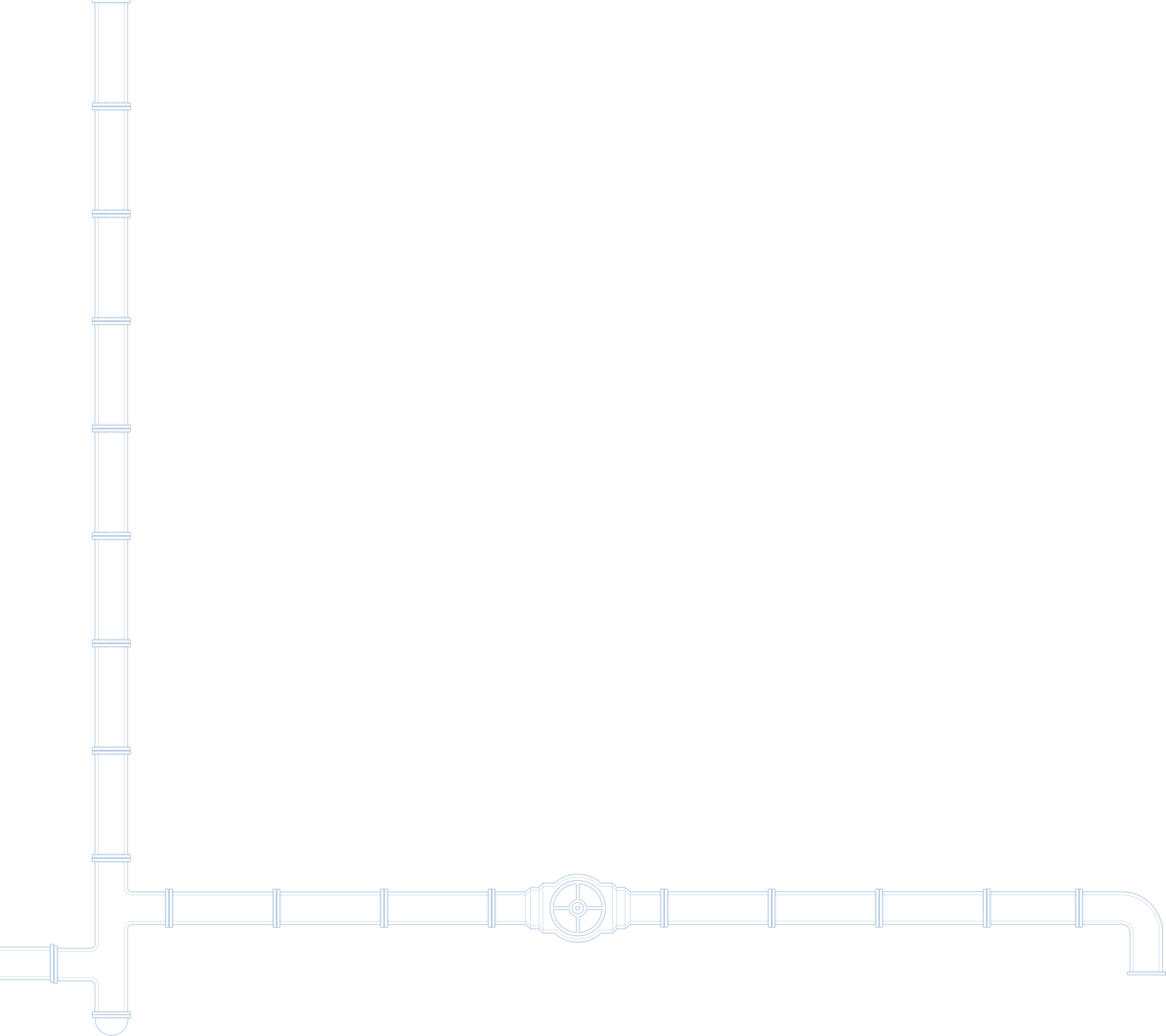 Illustration of industrial piping forming an L shape, featuring several pipe segments and a valve in the horizontal section.