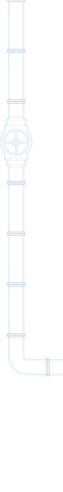 Blue line drawing of a vertical pipe with a circular valve and horizontal connection at the bottom.