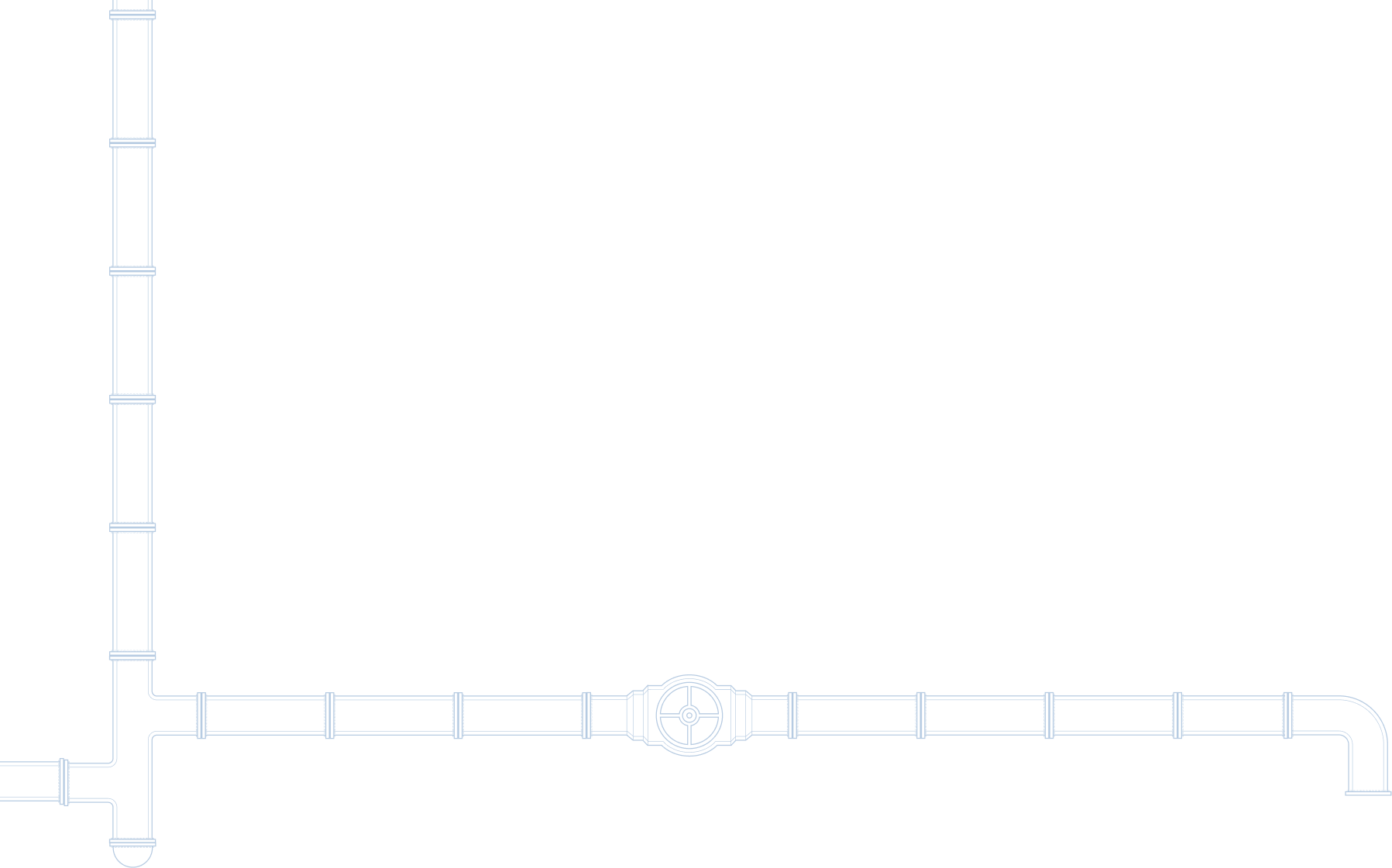 Blue outline illustration of interconnected pipes forming an L shape with a central valve on a black background.