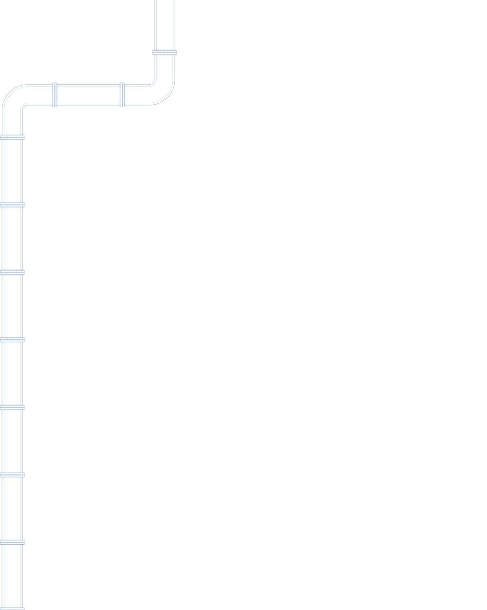 Blue outline drawing of L-shaped plumbing pipes on a black background.
