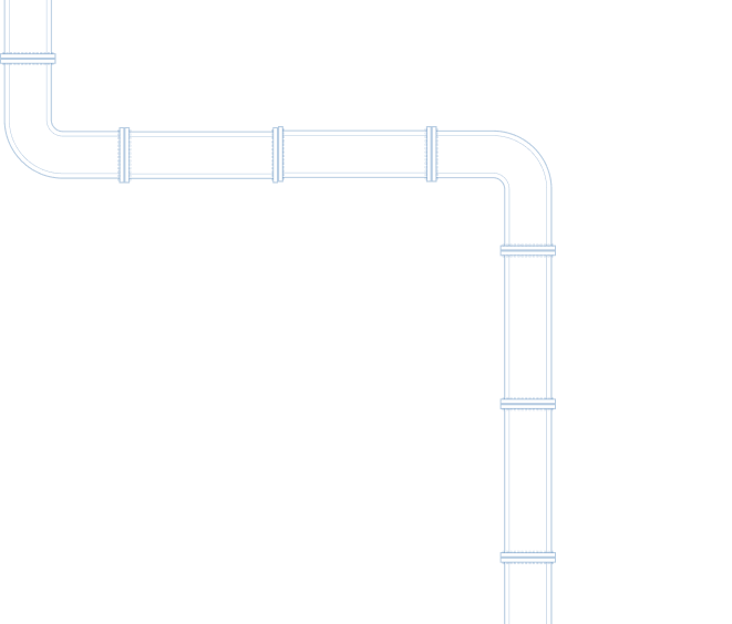Blue outlined pipe segments connected forming an L-shaped corner on a black background.
