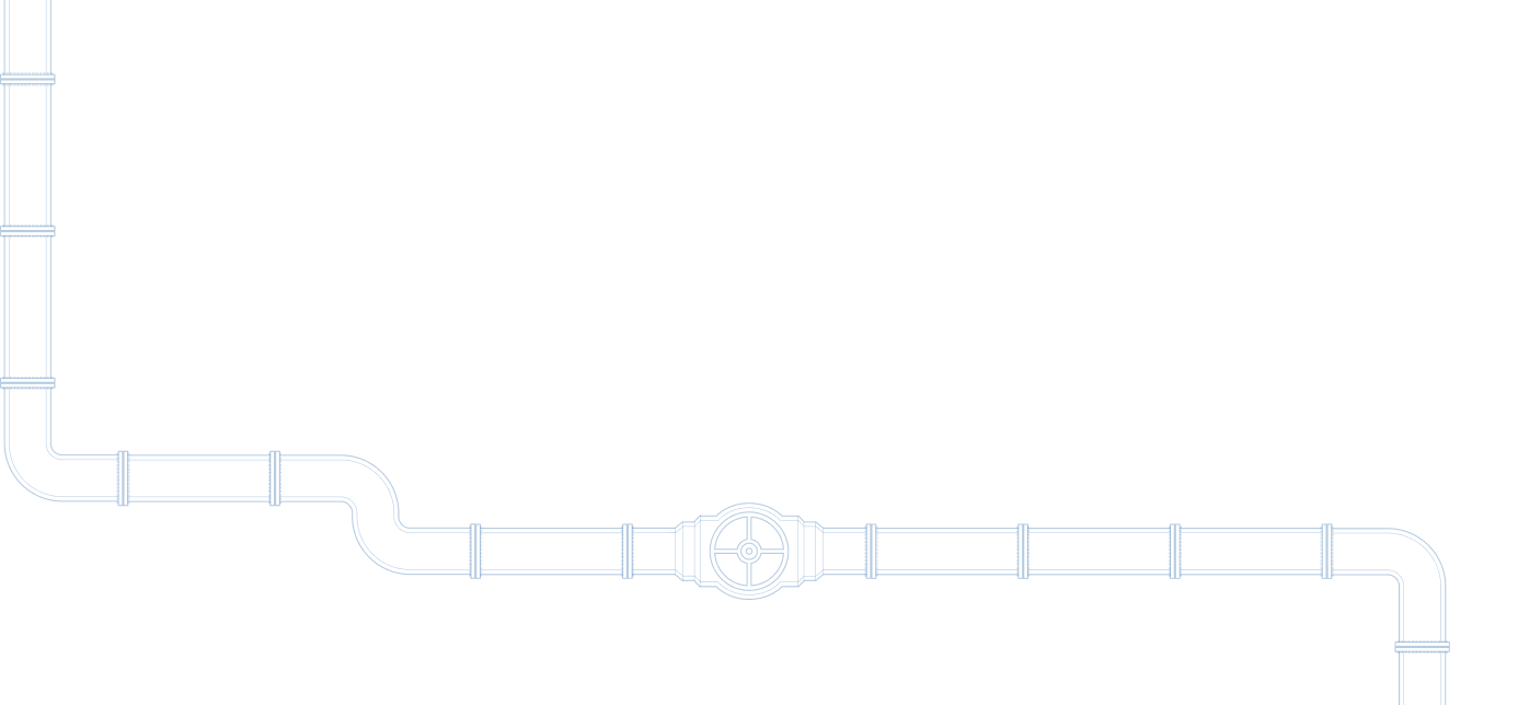 Blueprint-style linear pipe system with a central round valve and multiple elbows and joints on a black background.