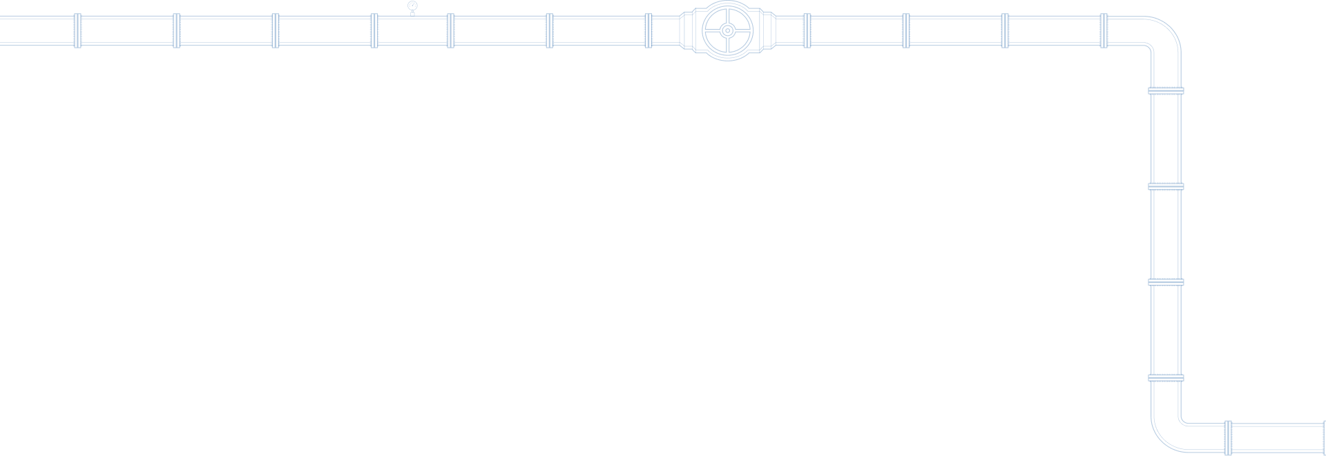 Blue schematic pipe system with valve and gauge on a black background.