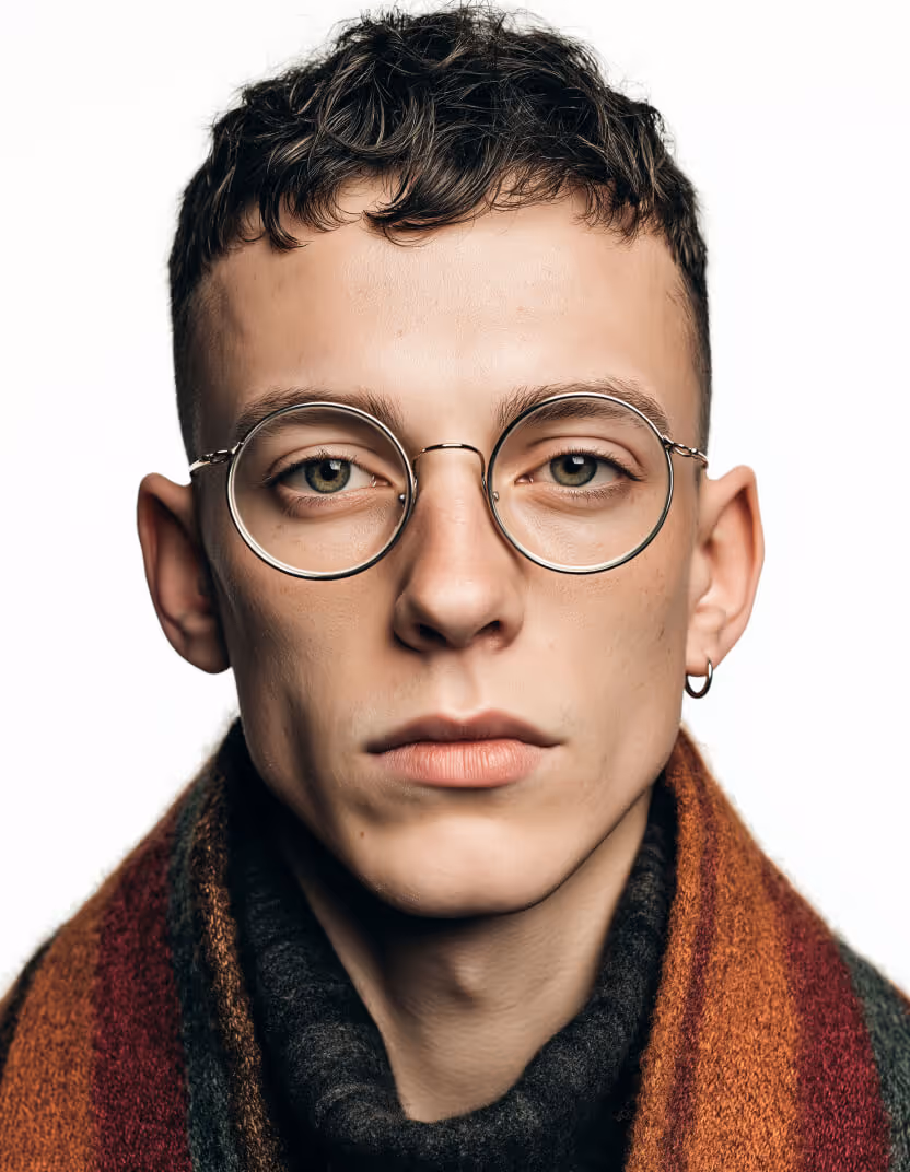 Portrait of a young man with round glasses, short curly hair, wearing a dark turtleneck and a multicolored scarf.