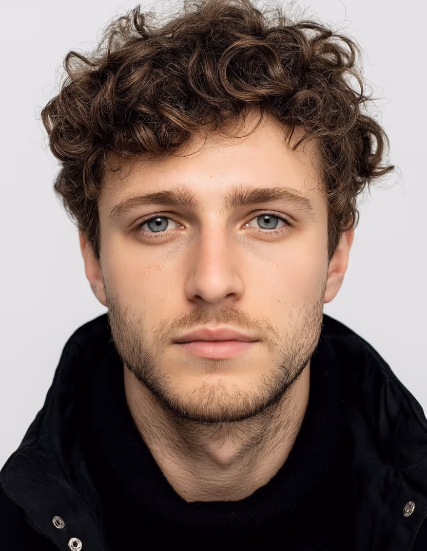 Close-up of a young man with curly brown hair, light beard, and blue eyes wearing a black jacket and turtleneck sweater.