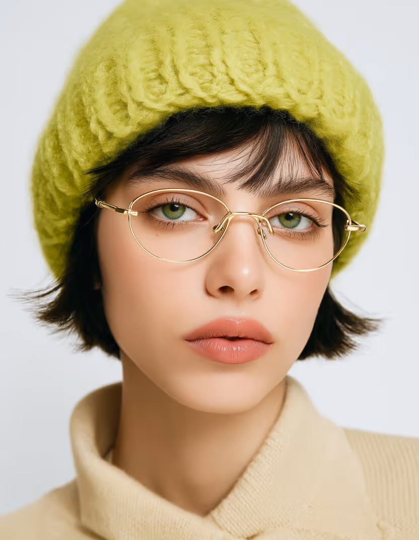 Woman with short dark hair wearing a yellow knitted beanie, gold-rimmed glasses, and a beige turtleneck sweater.
