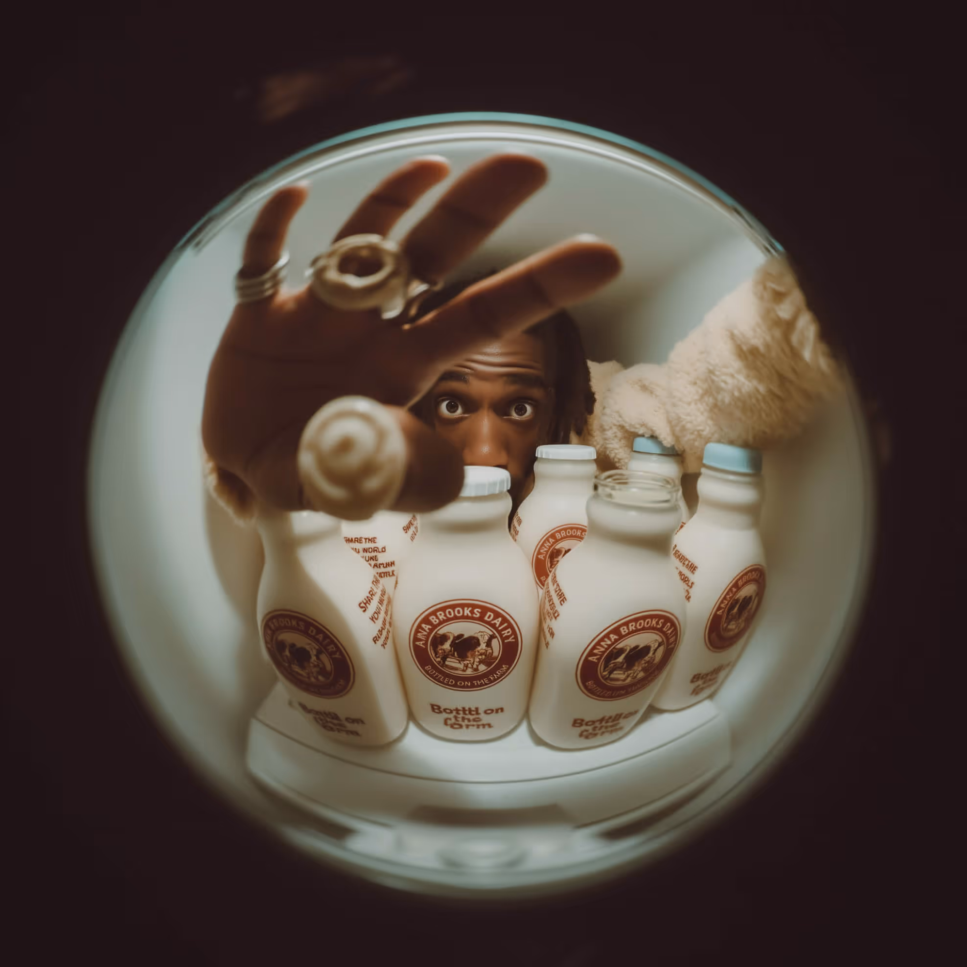 Person reaching into a refrigerator shelf stocked with bottles of Anna Brooks Dairy milk.