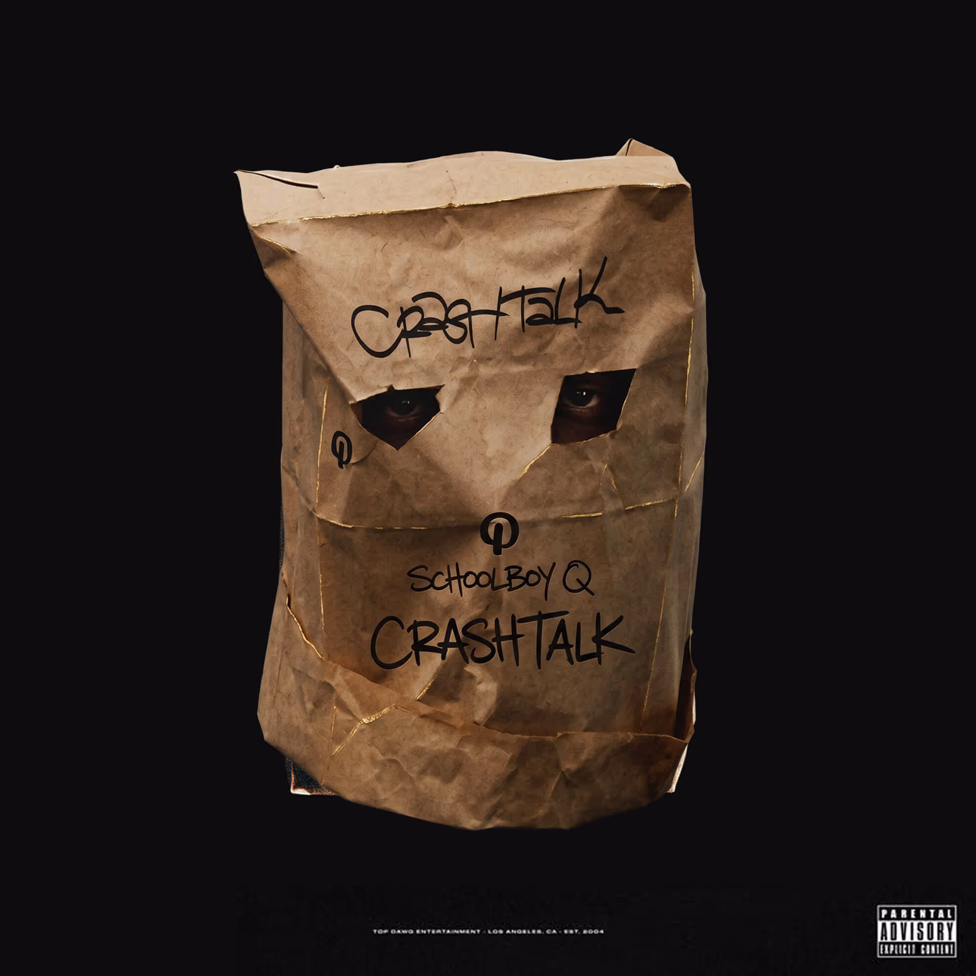Person wearing a crumpled paper bag over their head with eye holes cut out and text reading 'Schoolboy Q Crash Talk' on the bag.