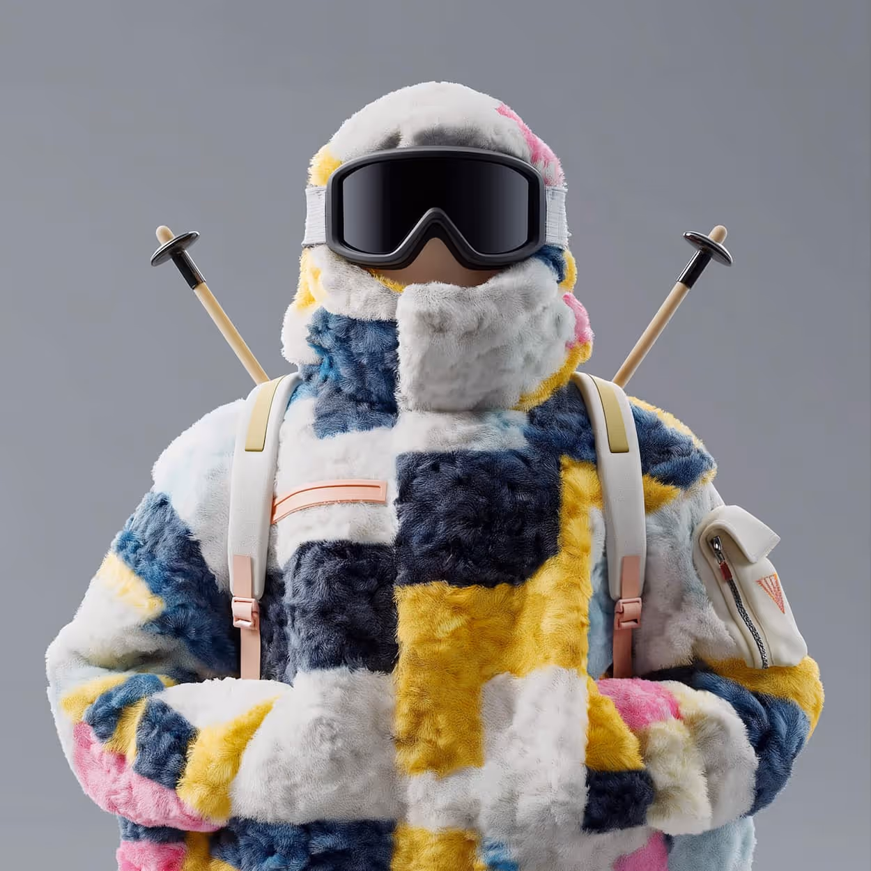 Person dressed in a colorful, patchwork-style fluffy winter jacket with ski goggles and ski poles on their back.