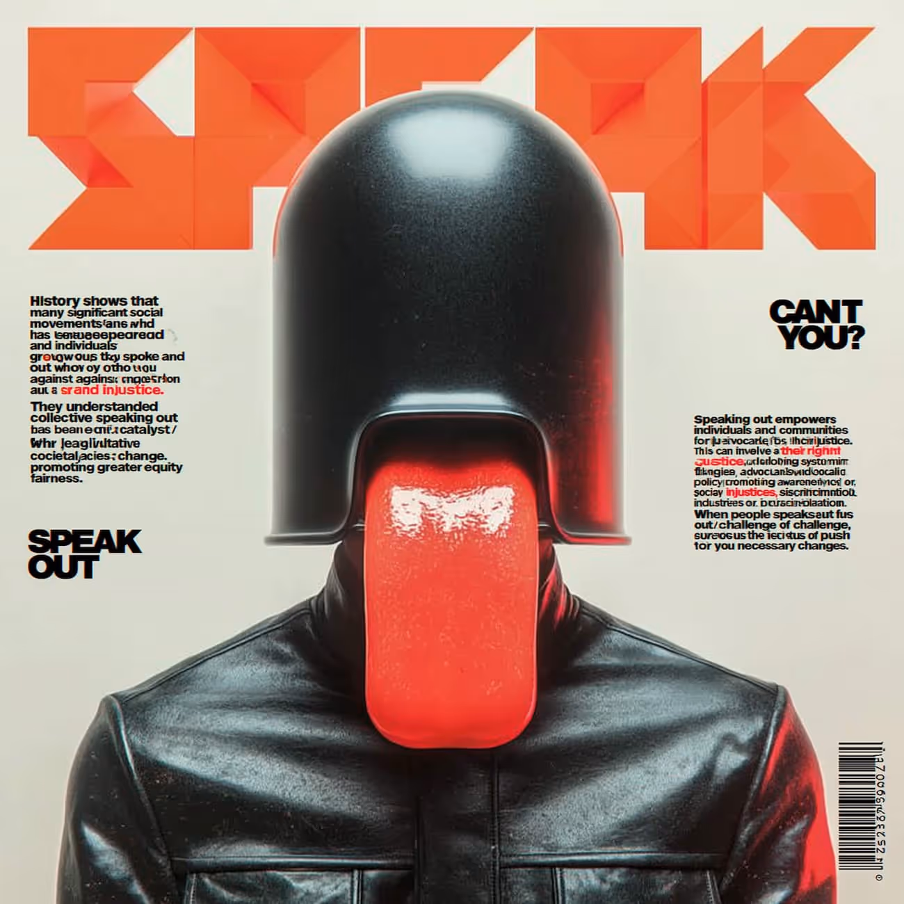 Person in black leather jacket with a black helmet covering the head and a large red tongue sticking out, accompanied by text about speaking out against social injustice.