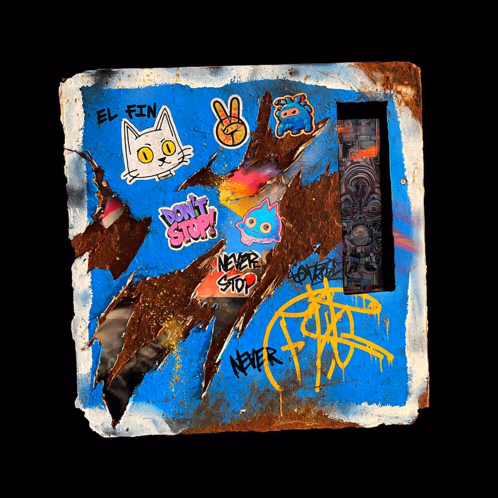 Rusty metal surface painted bright blue with cartoon cat faces, peace sign, text sayings 'DON'T STOP!' and 'NEVER STOP', and yellow graffiti symbols.