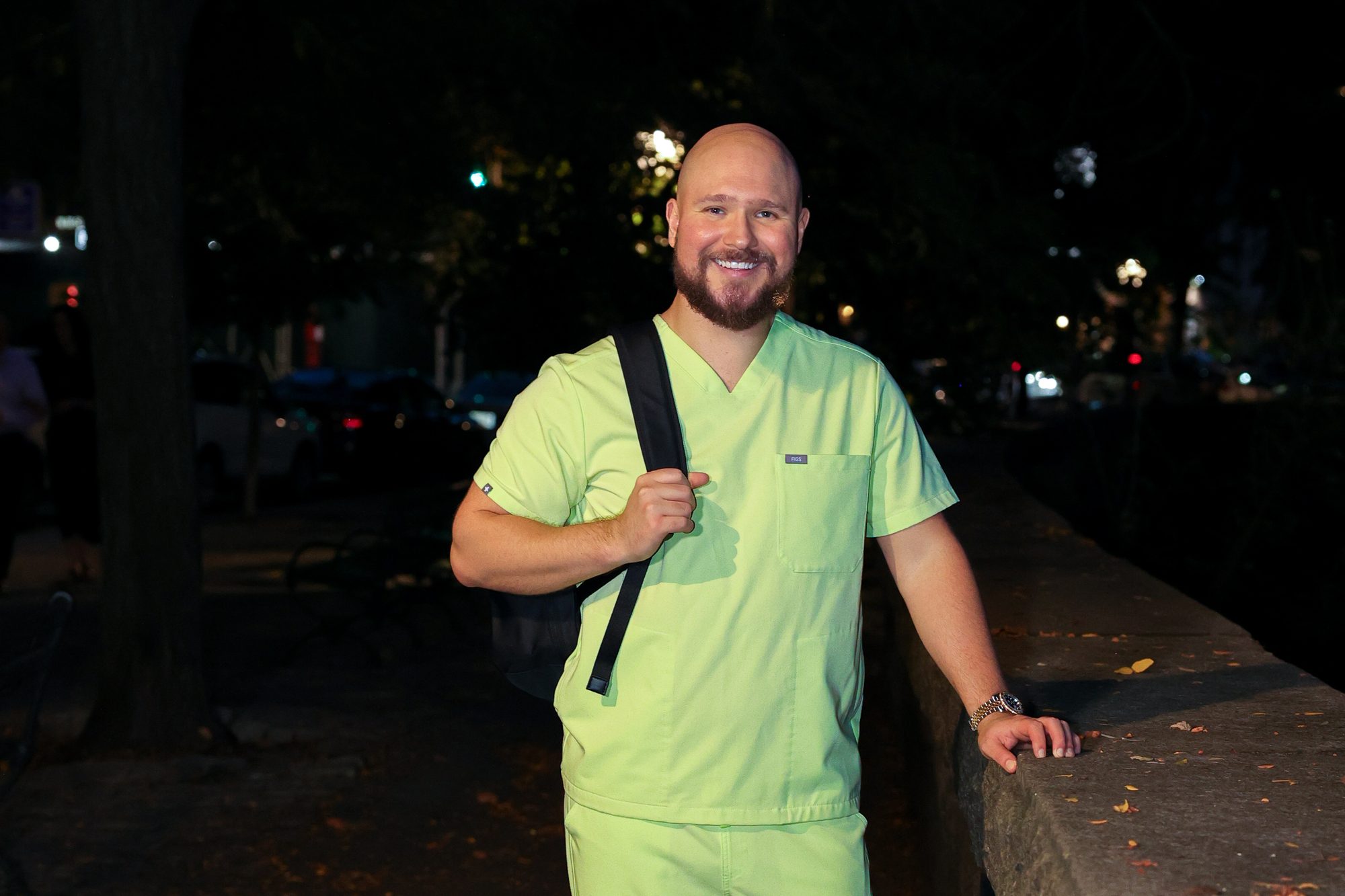 Dr. Gagarkin arriving for an evening house call in New York City with his medical bag