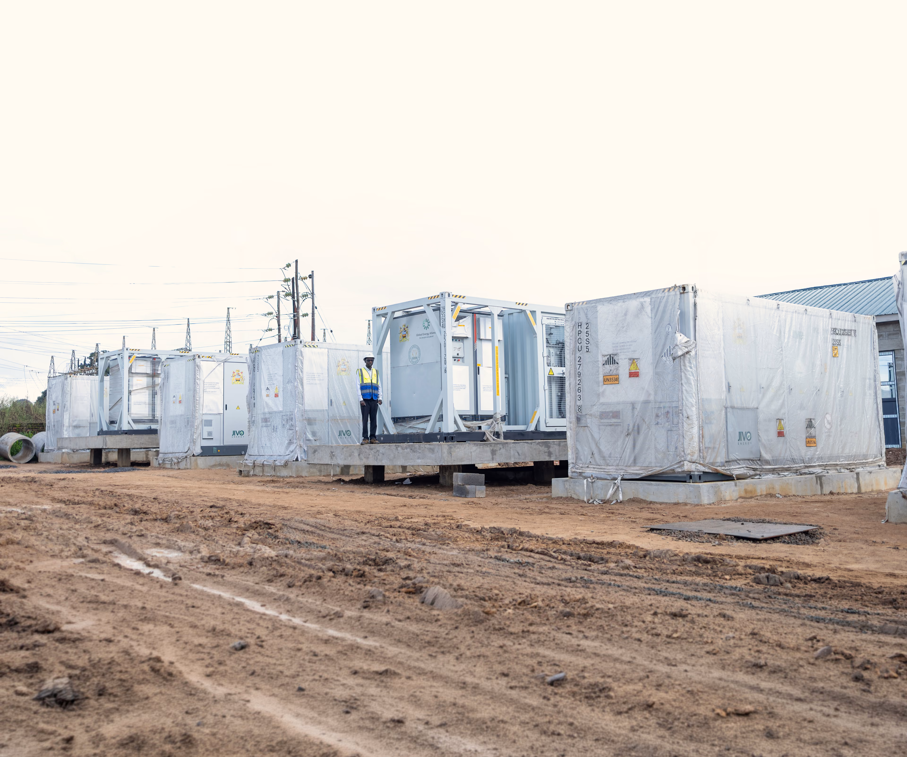 Rows of battery containers awaiting installation at the Lilongwe battery energy storage site in Malawi