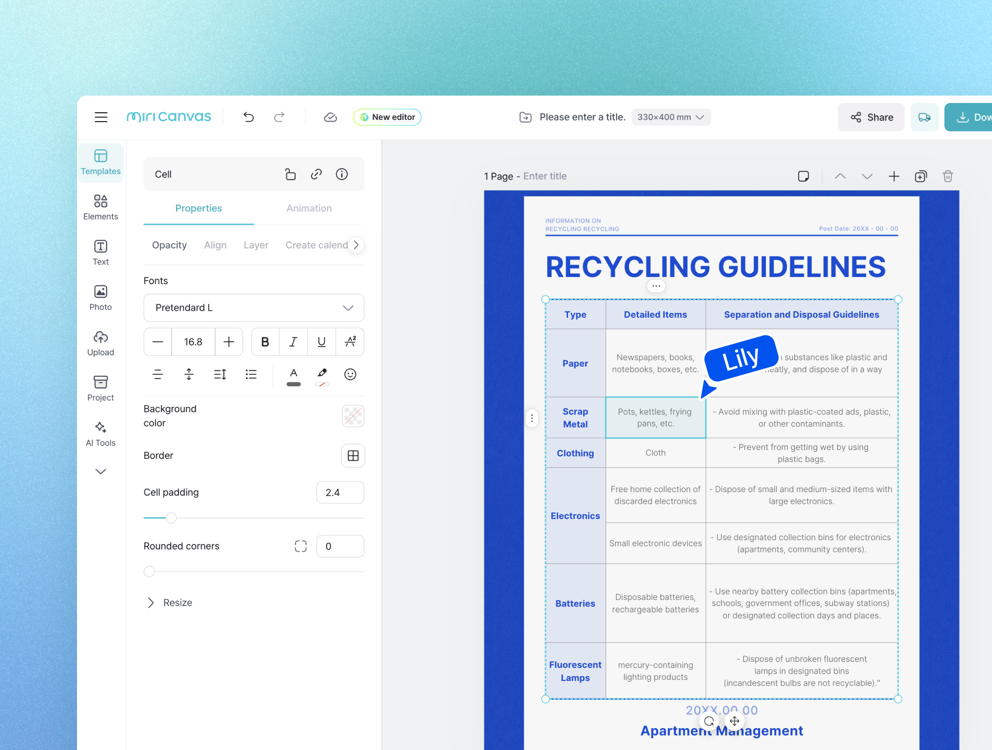 A web-based design editor interface showing a document titled 'RECYCLING GUIDELINES' being edited, where a collaborative cursor named 'Lily' is pointing to a table cell in the 'Scrap Metal' row, with a cell properties panel open on the left.
