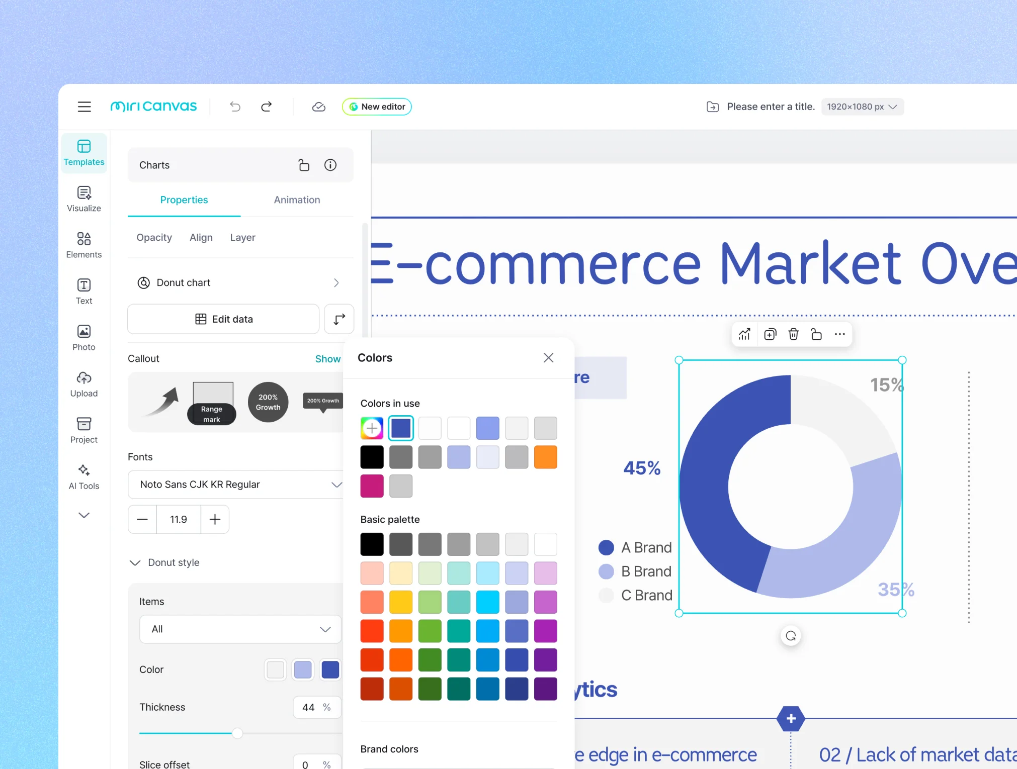 A web-based graphic design editor interface displays a selected donut chart on the canvas, with a color palette popover open in the center and editing panels on the left.