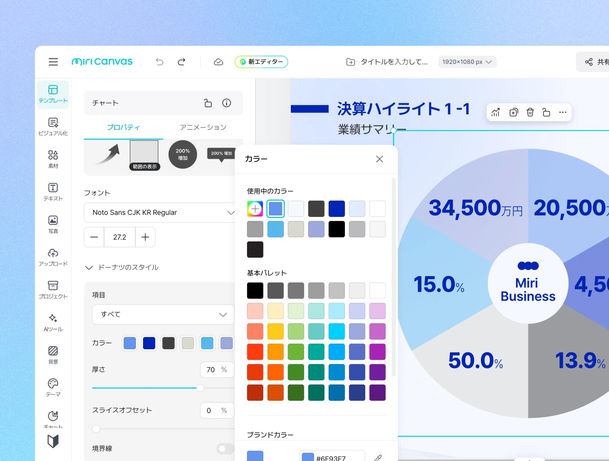 MiriCanvasのデザイン編集画面に、キャンバス上の「決算ハイライト 1-1」というドーナツグラフと、その手前に表示されたカラーパレットのポップアップメニューが表示されています。