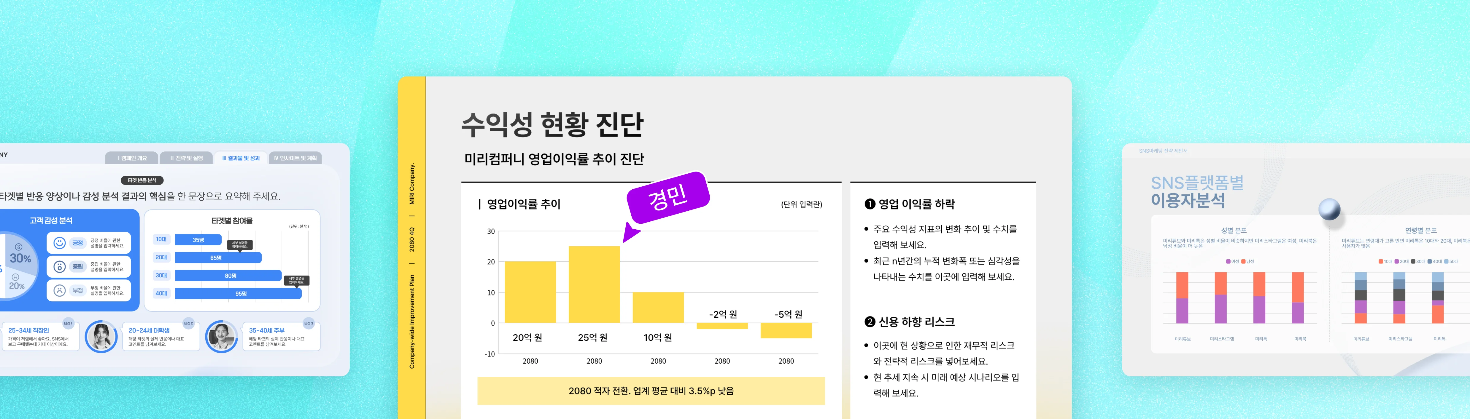 민트색 배경에 세 개의 발표용 슬라이드 템플릿이 가로로 배치되어 있으며, 중앙의 슬라이드에는 '수익성 현황 진단'이라는 제목의 막대그래프와 영업이익률 관련 텍스트가 표시되어 있습니다.