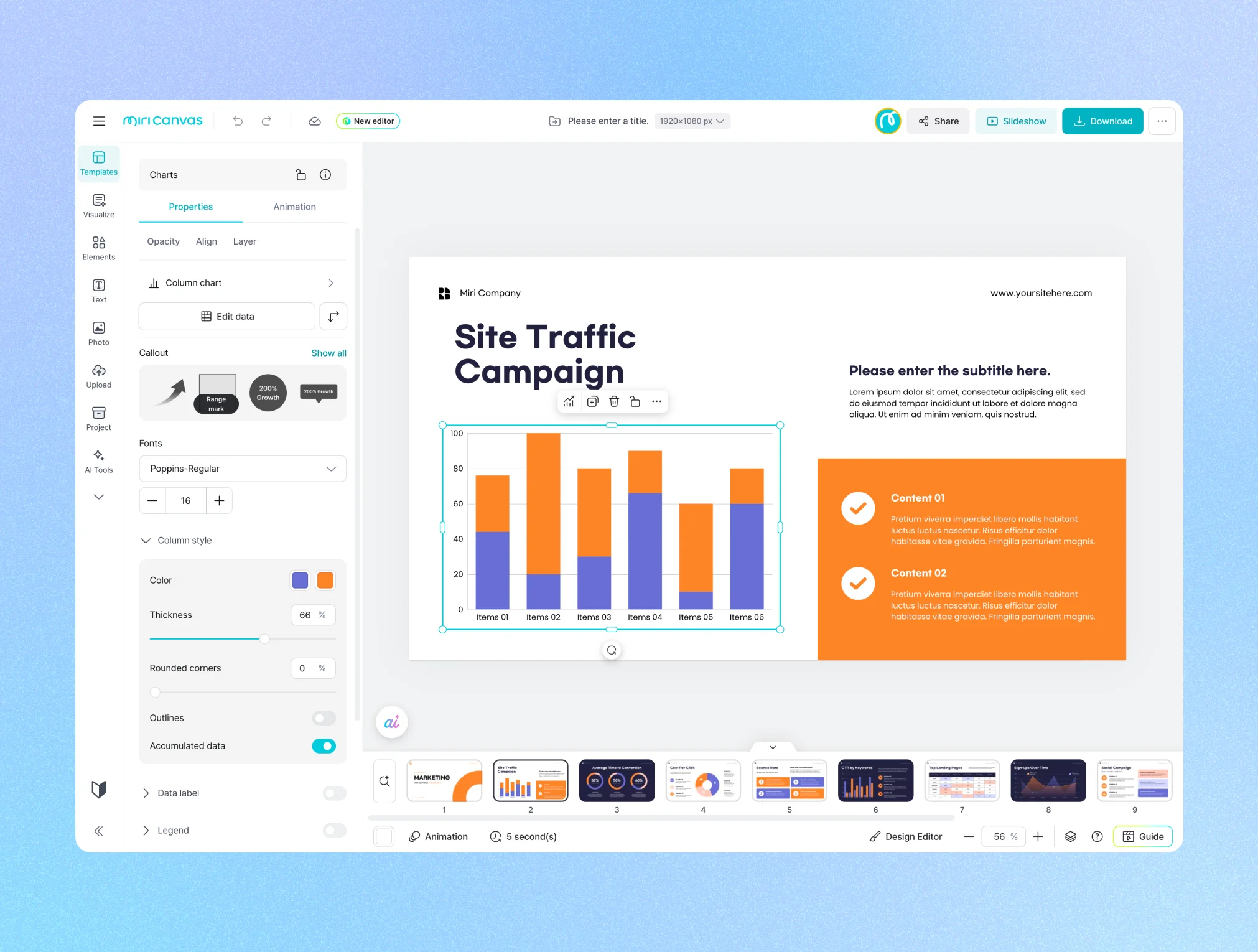 A web-based presentation editor shows a central canvas editing a slide titled 'Site Traffic Campaign' with a selected column chart, along with a properties panel on the left and slide thumbnails at the bottom.