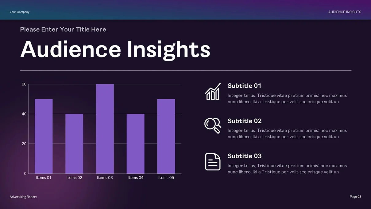 A dark purple presentation slide titled 'Audience Insights' displays a vertical bar chart on the left comparing five items and three list items with icons and description text on the right.