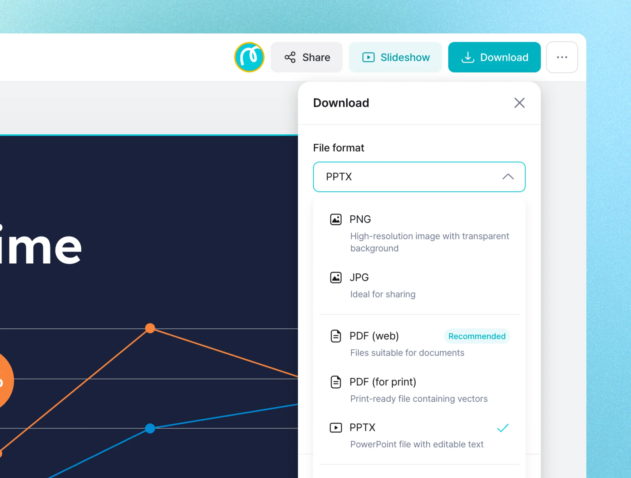 Download options menu opened in the editor UI, providing various file format choices like PNG, JPG, and PDF, with the editable PPTX format currently selected