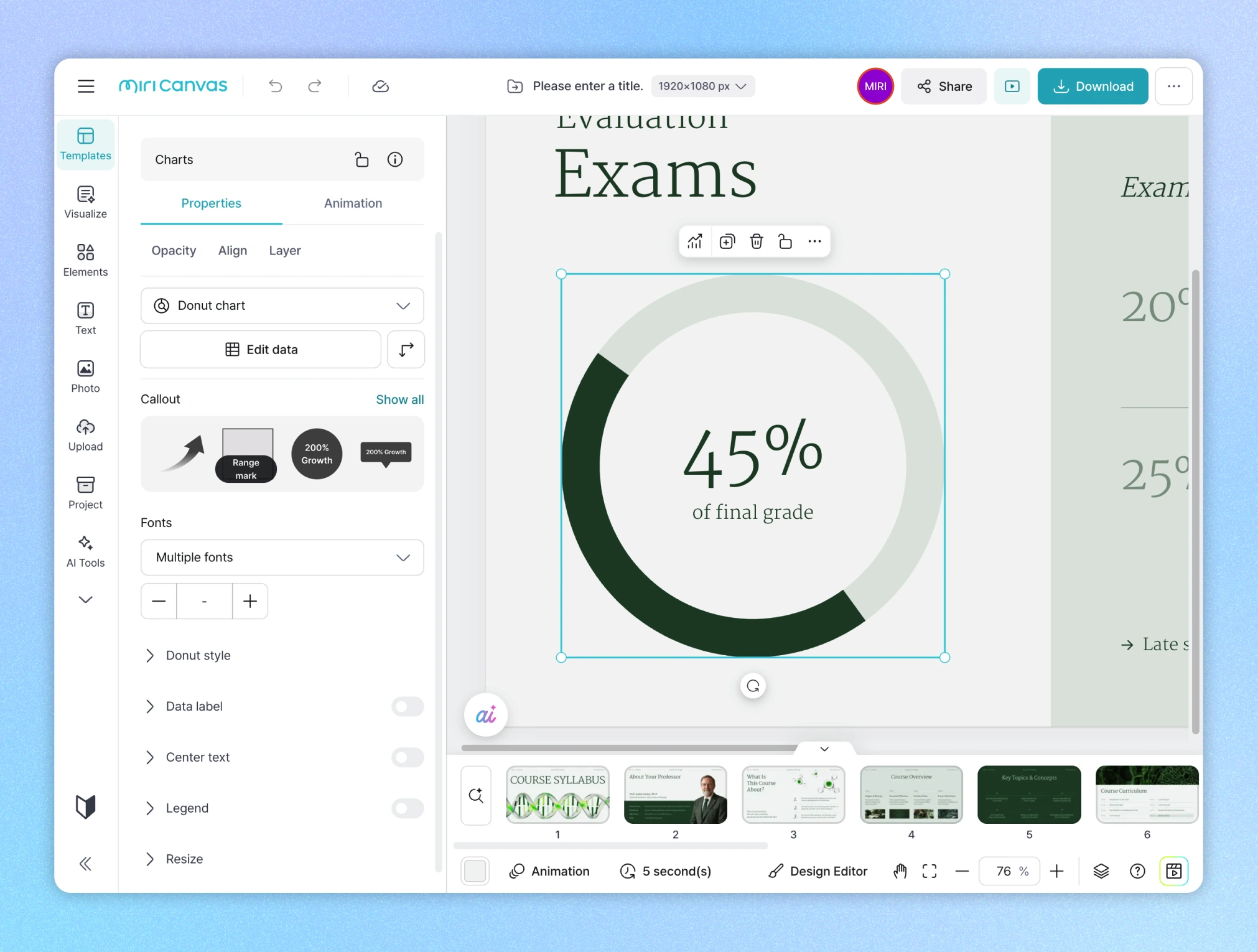 A screenshot of the MiriCanvas web editor showing a pie chart being edited, displaying "45% of final grade" as part of an exam evaluation slide.