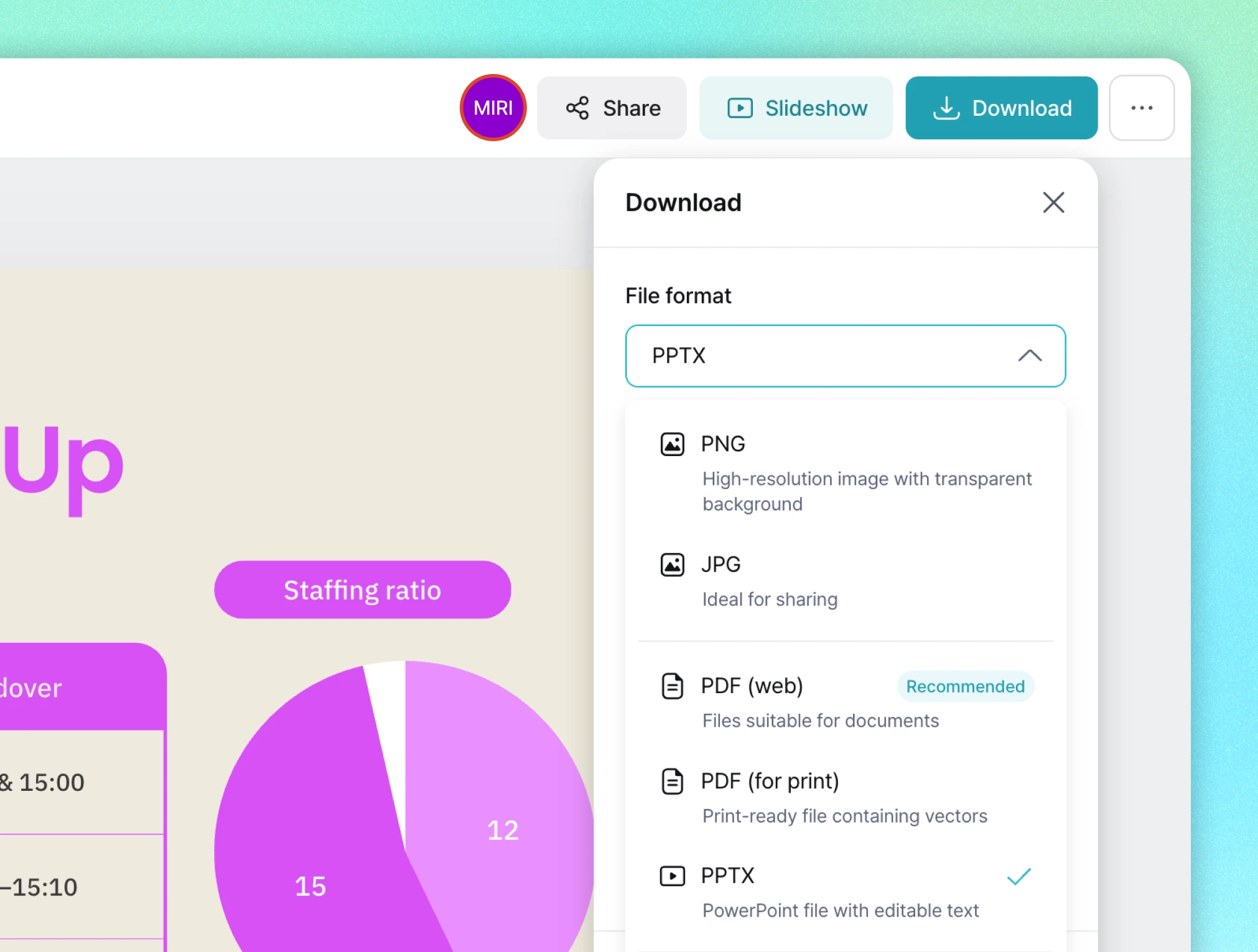 A screenshot of a web-based design editor showing a download popup menu, with a "Staffing ratio" pie chart visible in the background showing values of 12 and 15, and a list of file format options including PNG, JPG, PDF, and the selected PPTX.