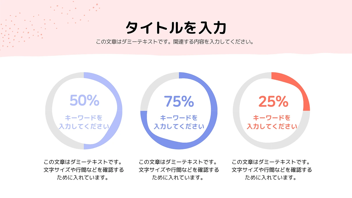 ピンク色の背景に50%、75%、25%という三つの円グラフが横並びで配置されたテンプレートスライドです。